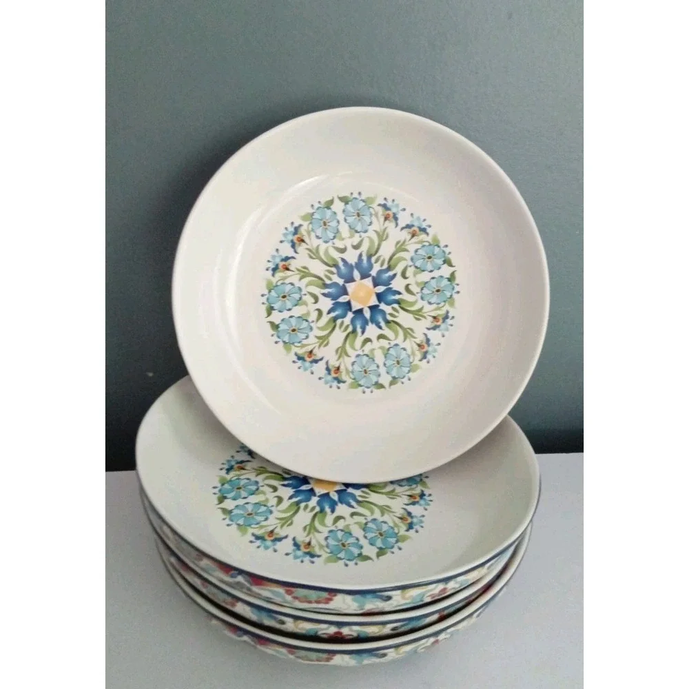 222 Fifth Tunisia Porcelain Floral Blue Shallow Serving Pasta Bowl 9.5